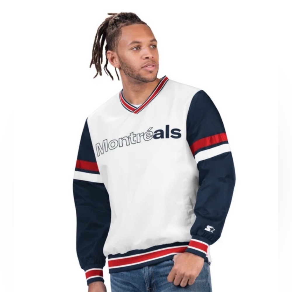 STARTER MONTRE’ALS V-NECK SOFT-SHELL JACKET PULLOVER MEN WHITE/BLUE COLOR SIZE M